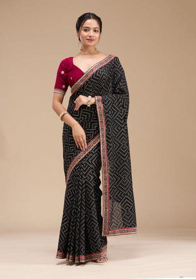 Black Printed Soft Raw Silk Saree-koskii