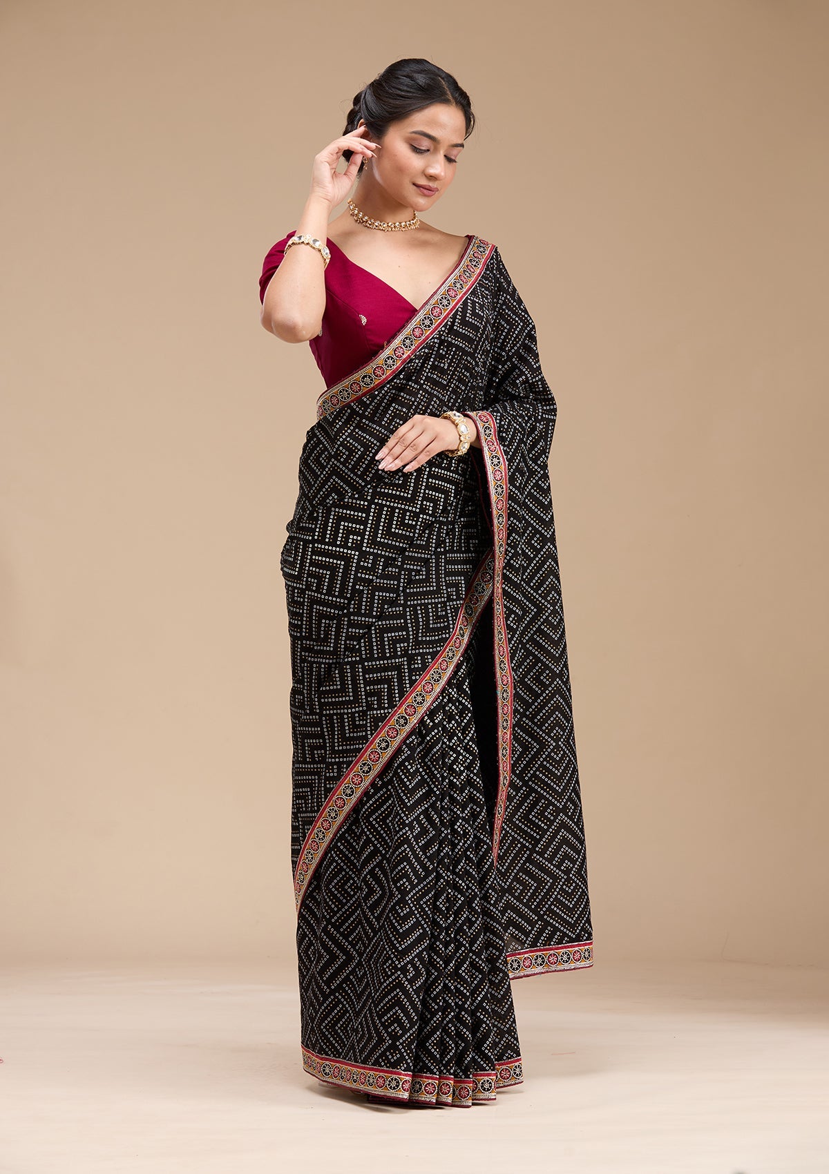 Black Printed Soft Raw Silk Saree-koskii