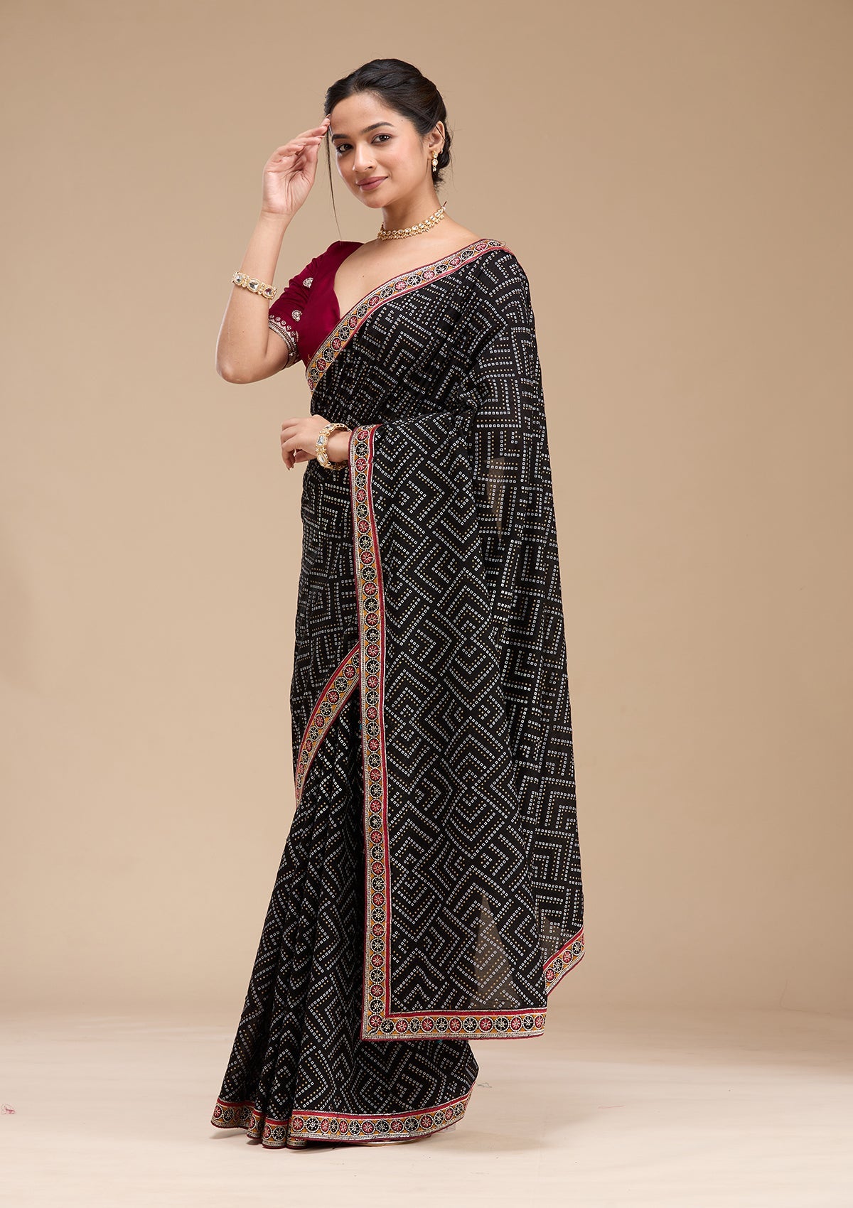 Black Printed Soft Raw Silk Saree-koskii