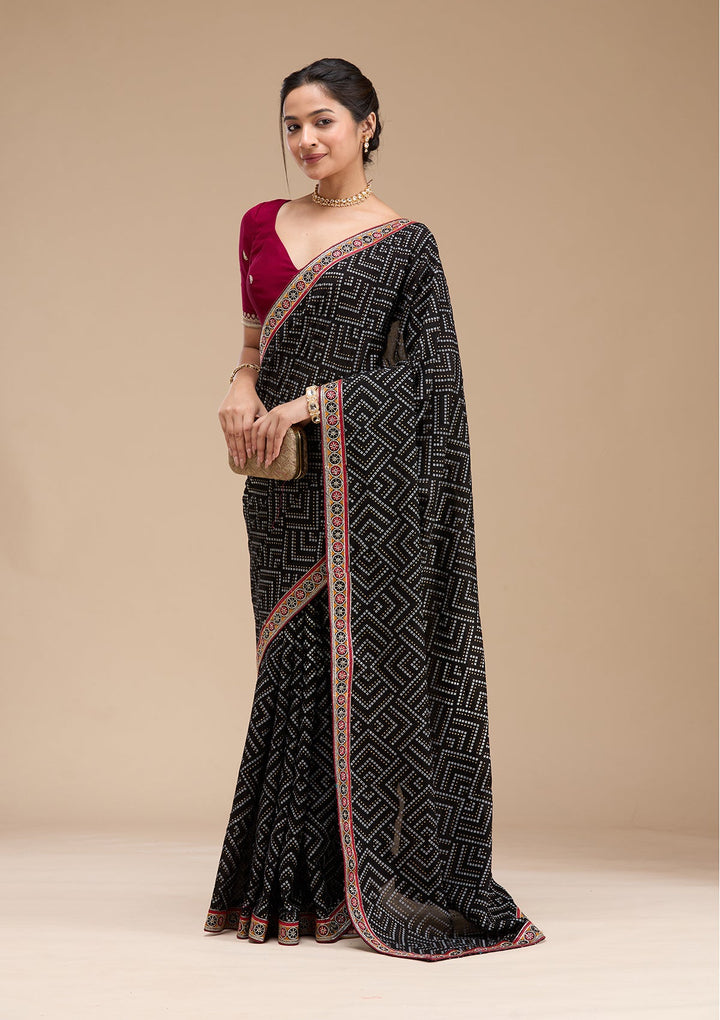Black Printed Soft Raw Silk Saree-koskii