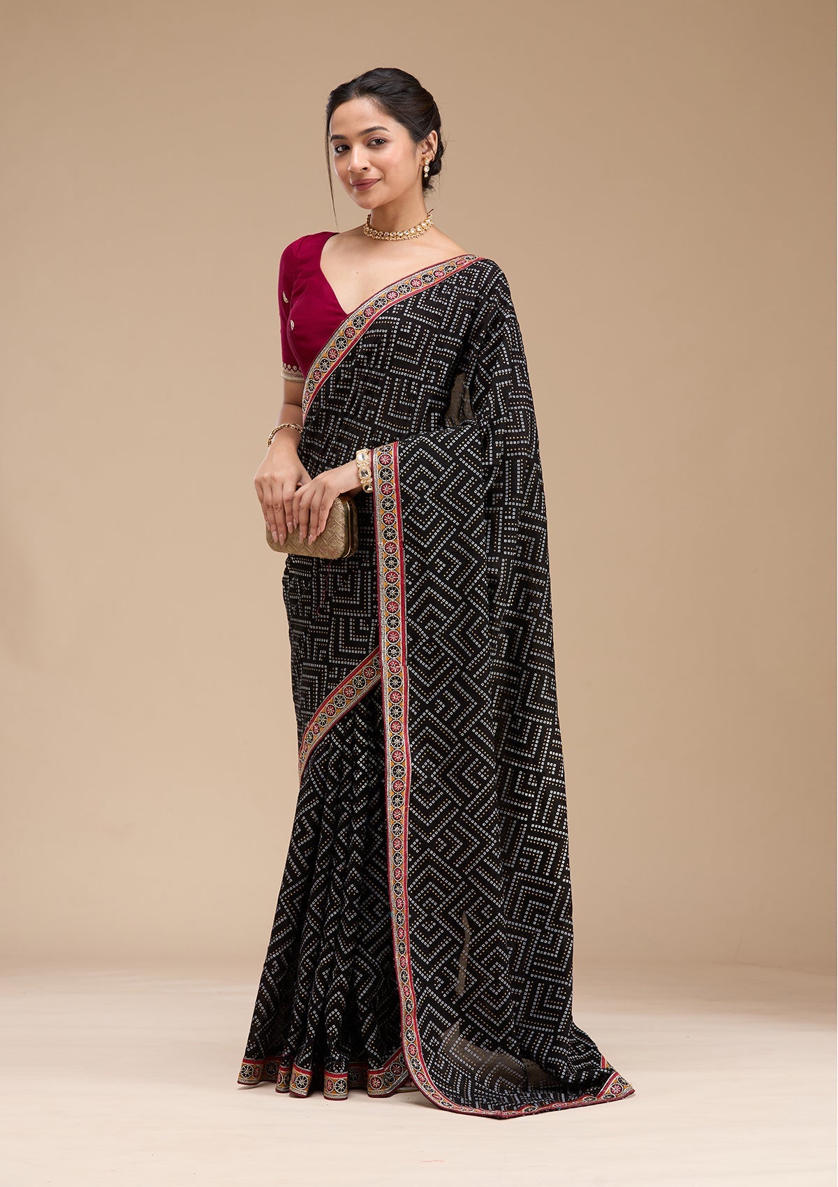 Black Printed Soft Raw Silk Saree-koskii