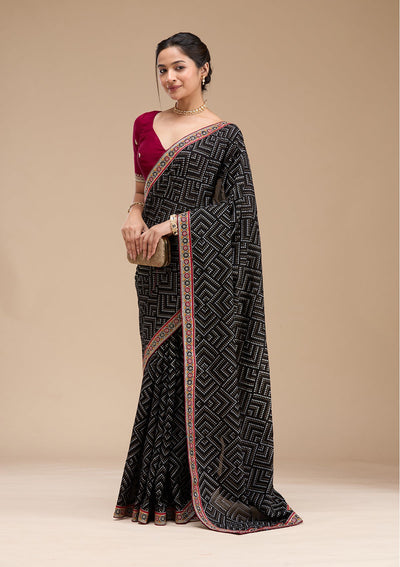 Black Printed Soft Raw Silk Saree-koskii