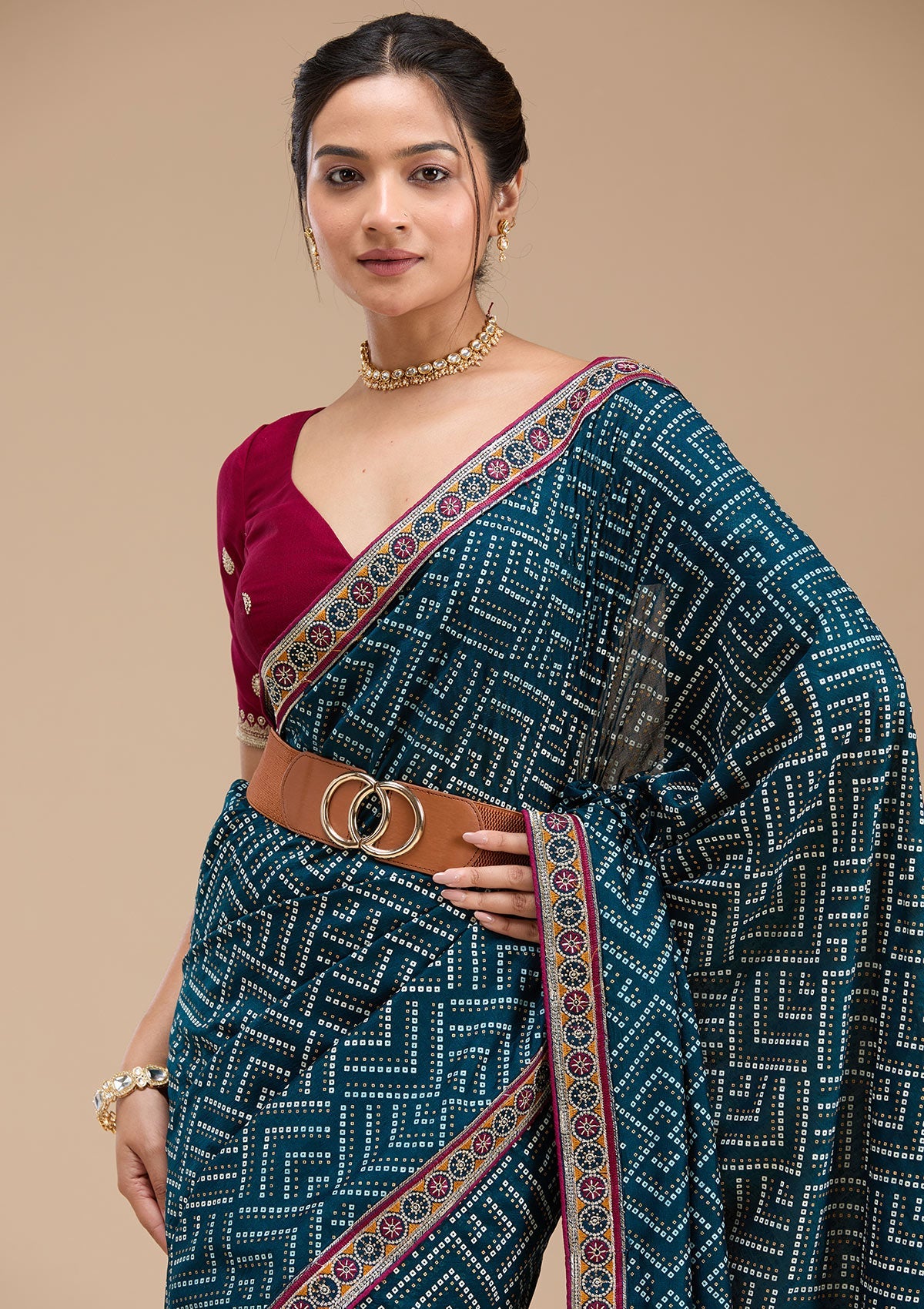 Teal Green Printed Soft Raw Silk Saree-koskii