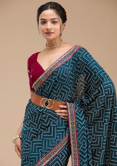 Teal Green Printed Soft Raw Silk Saree-koskii