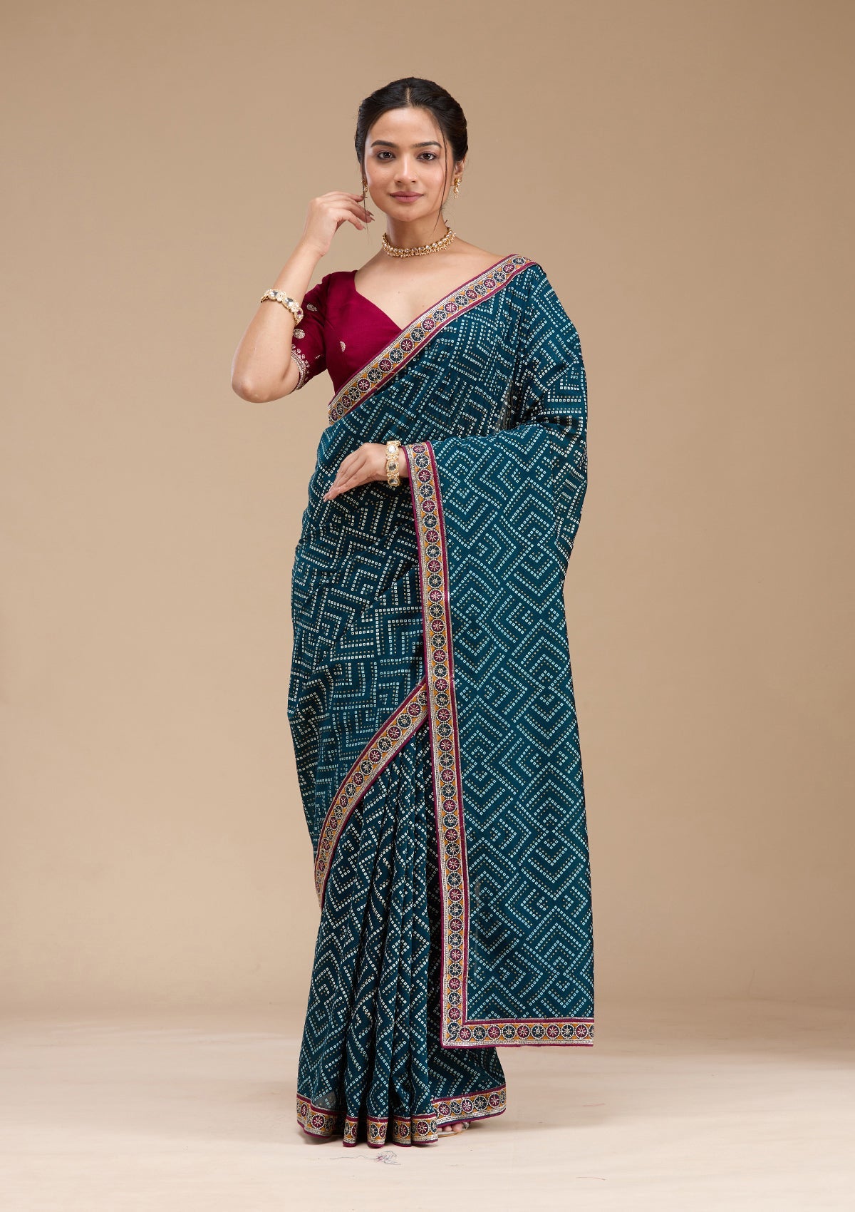 Teal Green Printed Soft Raw Silk Saree-koskii