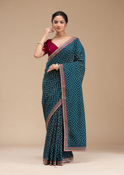 Teal Green Printed Soft Raw Silk Saree-koskii