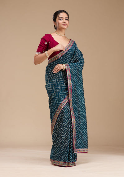 Teal Green Printed Soft Raw Silk Saree-koskii