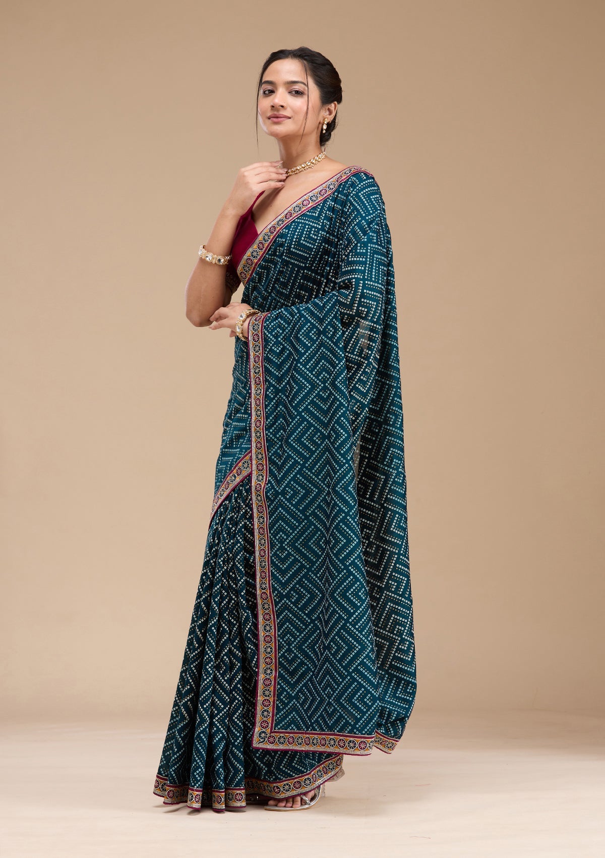 Teal Green Printed Soft Raw Silk Saree-koskii
