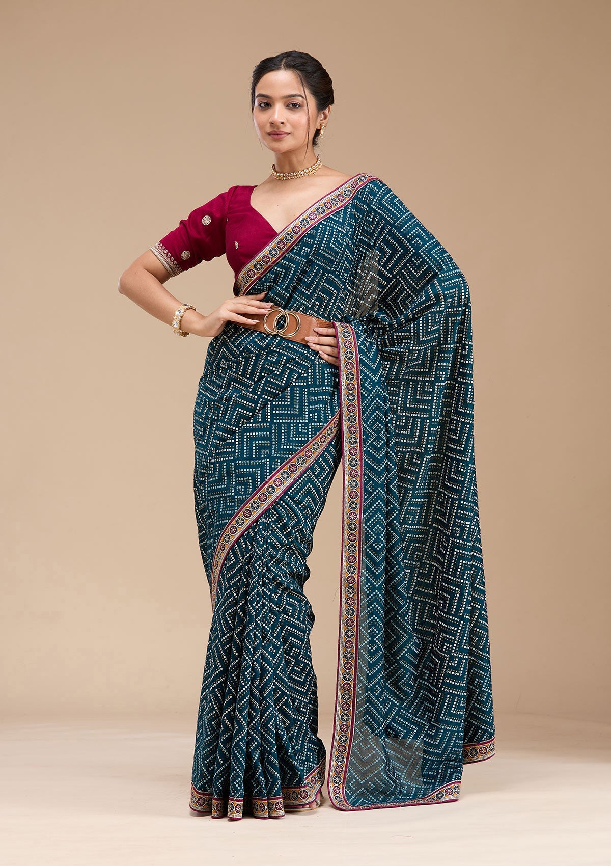 Teal Green Printed Soft Raw Silk Saree-koskii