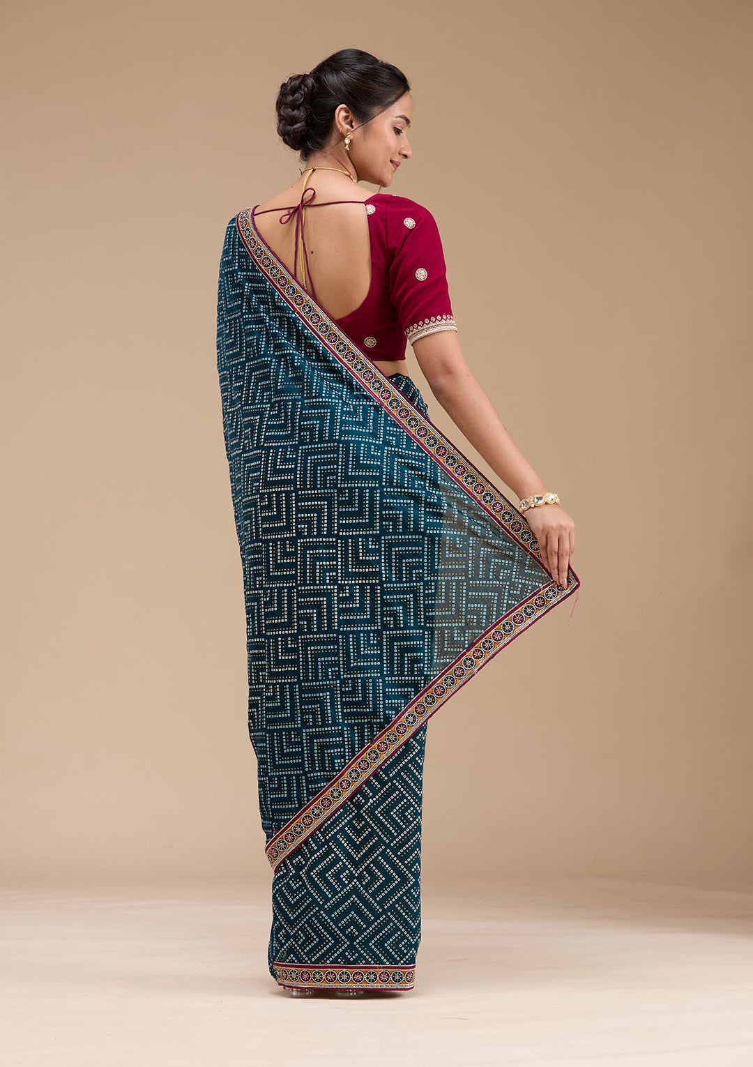 Teal Green Printed Soft Raw Silk Saree-koskii