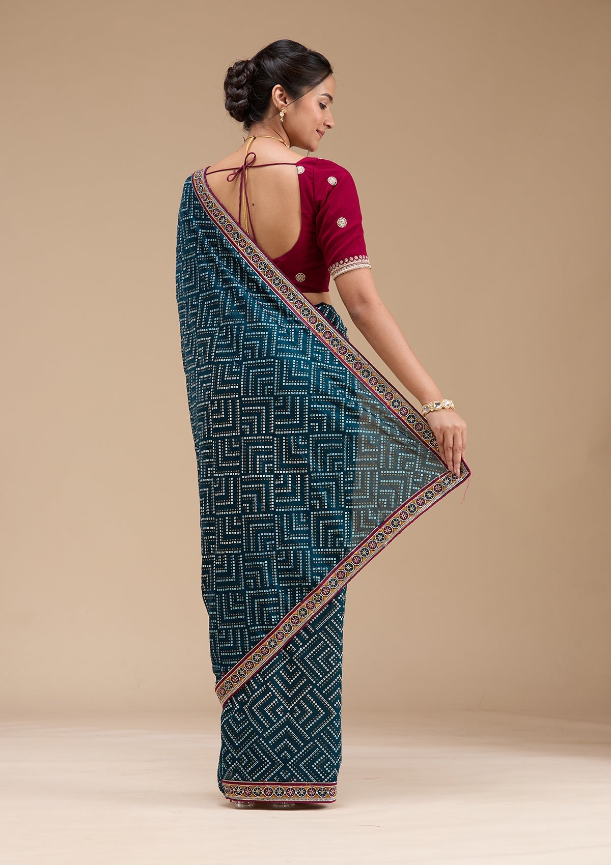 Teal Green Printed Soft Raw Silk Saree-koskii