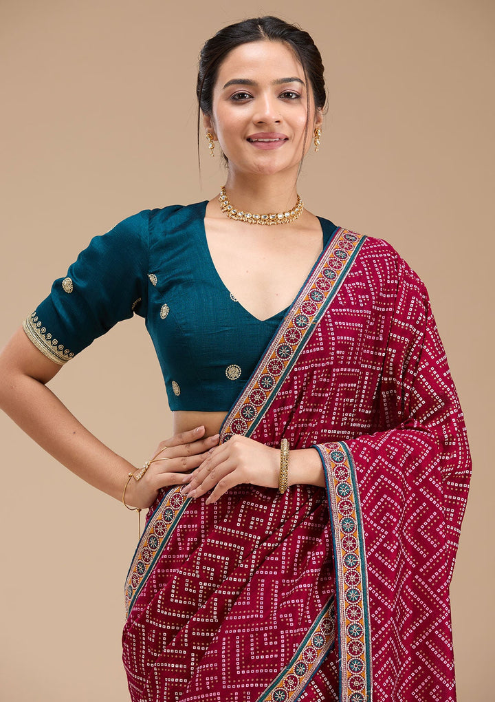 Wine Printed Soft Raw Silk Saree-koskii