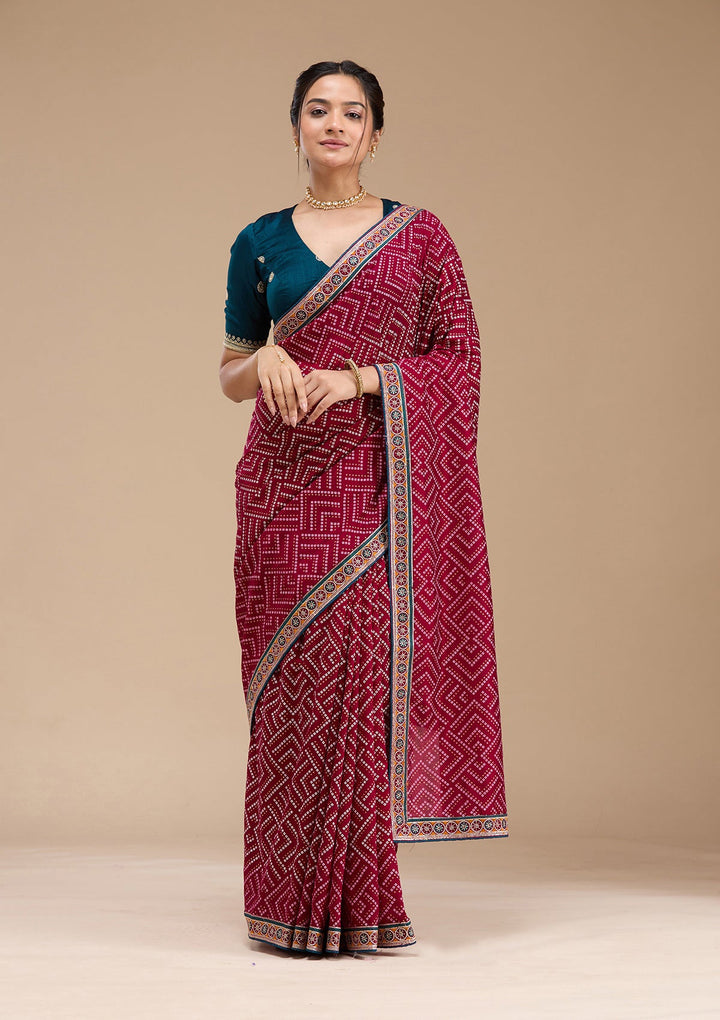 Wine Printed Soft Raw Silk Saree-koskii