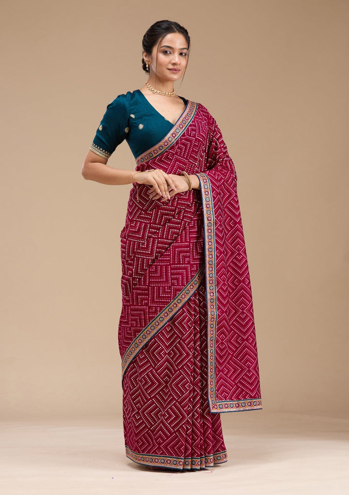 Wine Printed Soft Raw Silk Saree-koskii