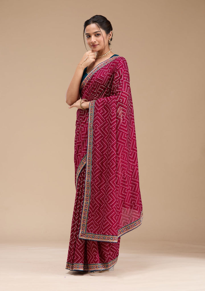 Wine Printed Soft Raw Silk Saree-koskii