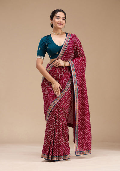 Wine Printed Soft Raw Silk Saree-koskii
