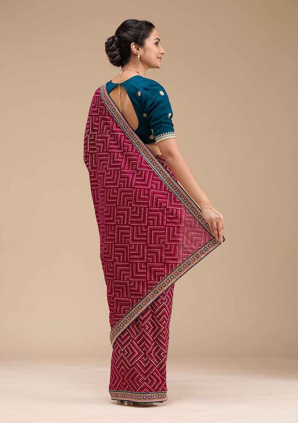Wine Printed Soft Raw Silk Saree-koskii