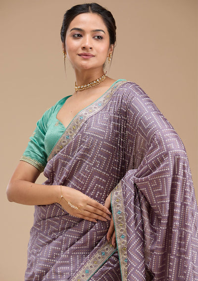 Lavender Printed Soft Raw Silk Saree-koskii
