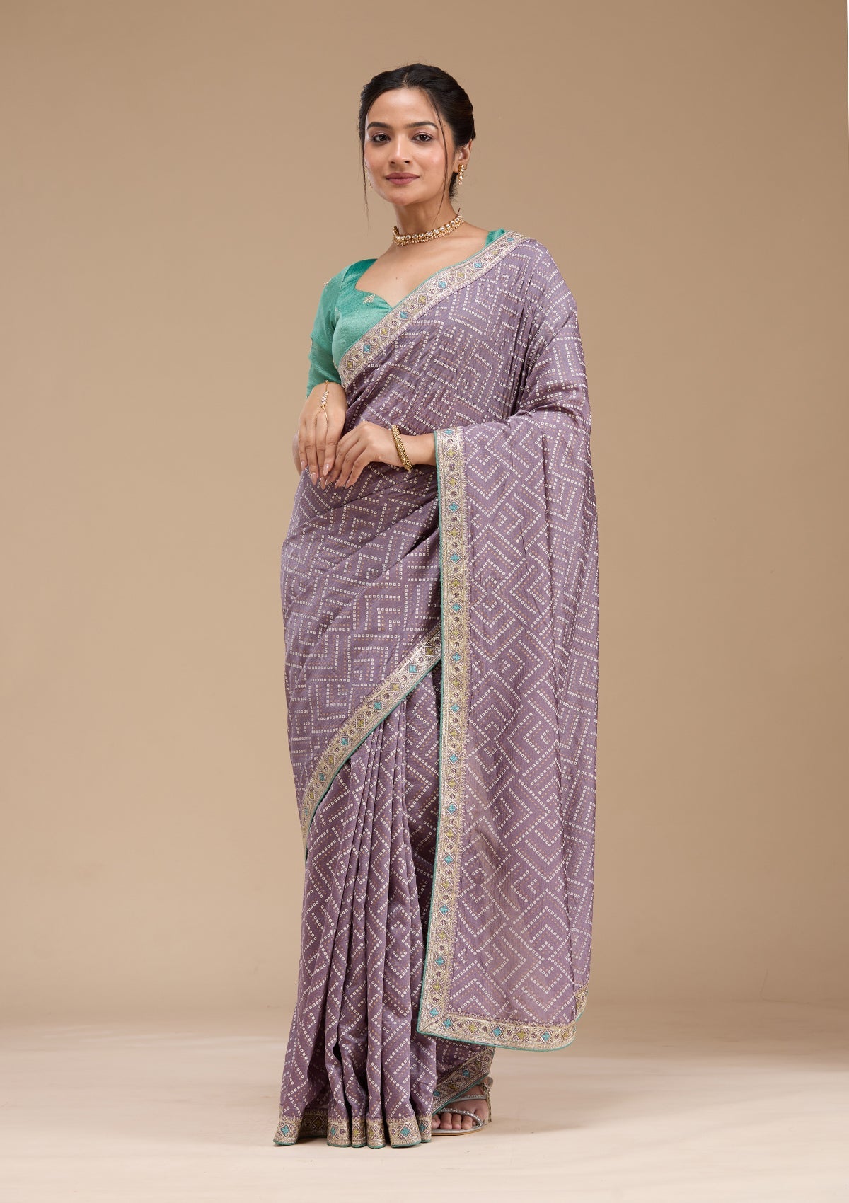 Lavender Printed Soft Raw Silk Saree-koskii