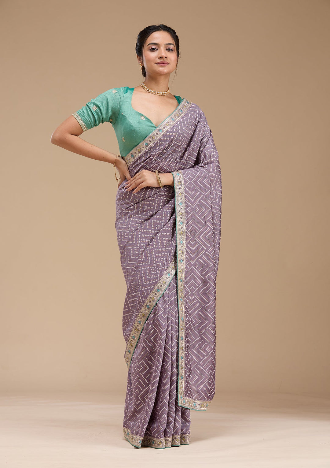 Lavender Printed Soft Raw Silk Saree-koskii