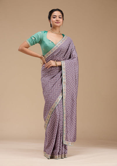 Lavender Printed Soft Raw Silk Saree-koskii