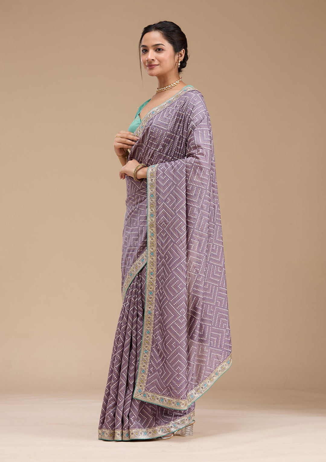 Lavender Printed Soft Raw Silk Saree-koskii