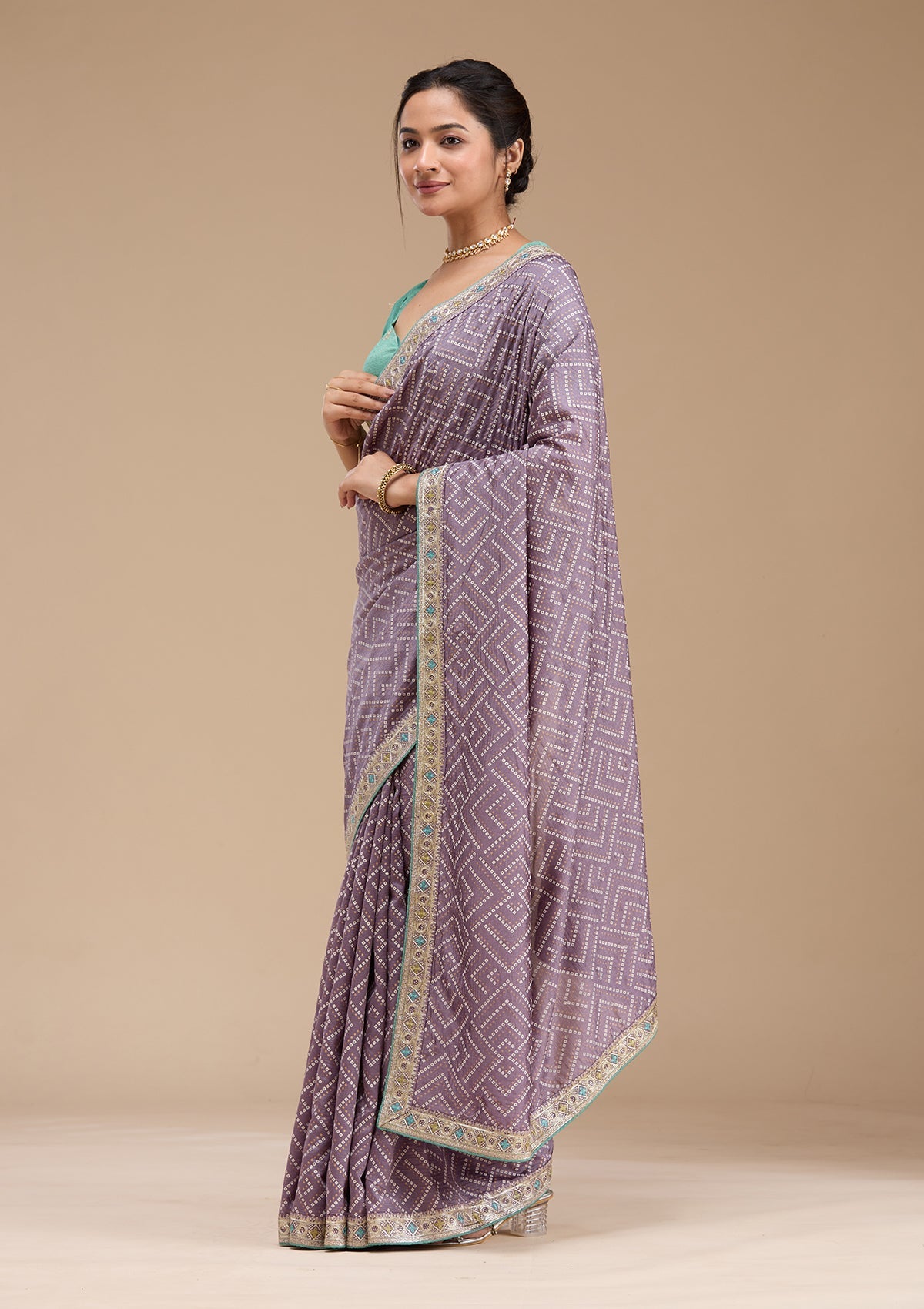 Lavender Printed Soft Raw Silk Saree-koskii
