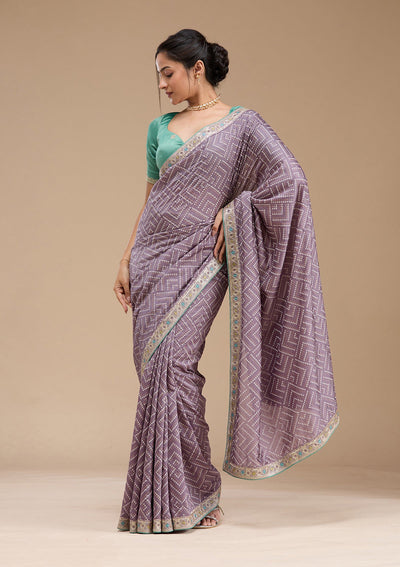 Lavender Printed Soft Raw Silk Saree-koskii