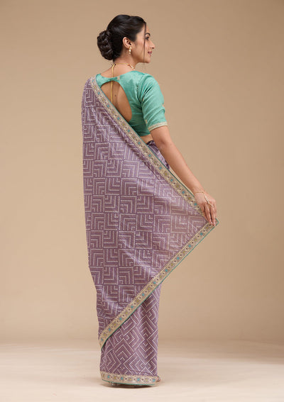 Lavender Printed Soft Raw Silk Saree-koskii