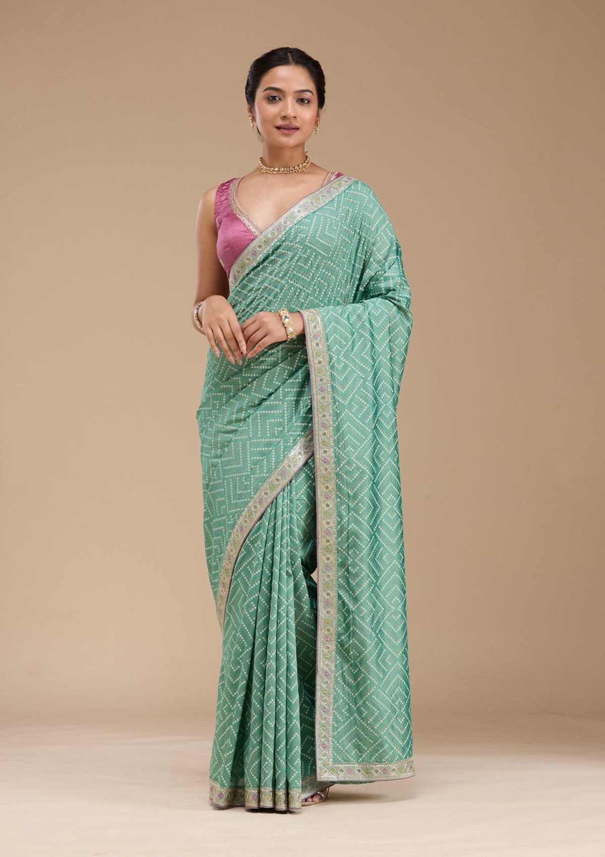 Sea Green Printed Soft Raw Silk Saree-koskii