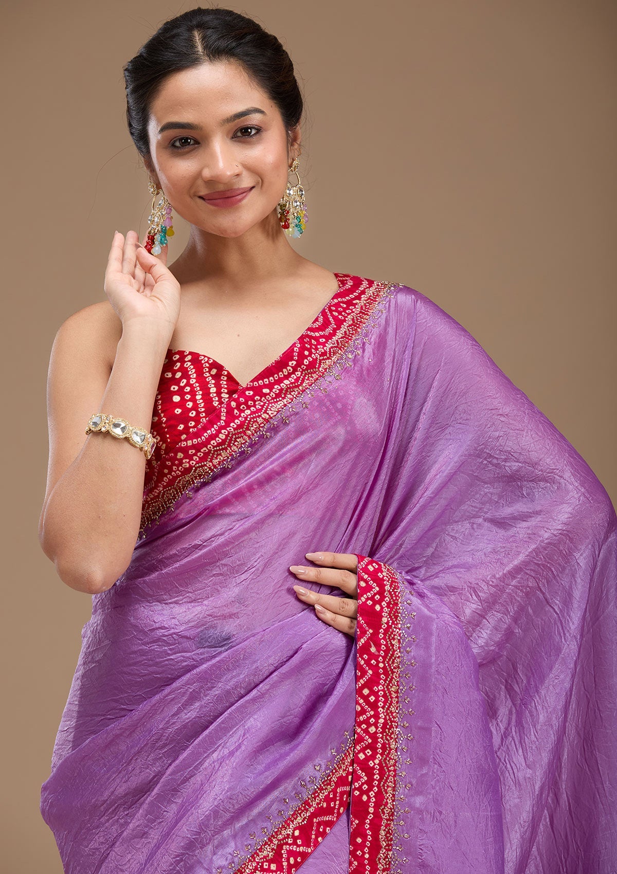 Lavender Printed Satin Saree-koskii