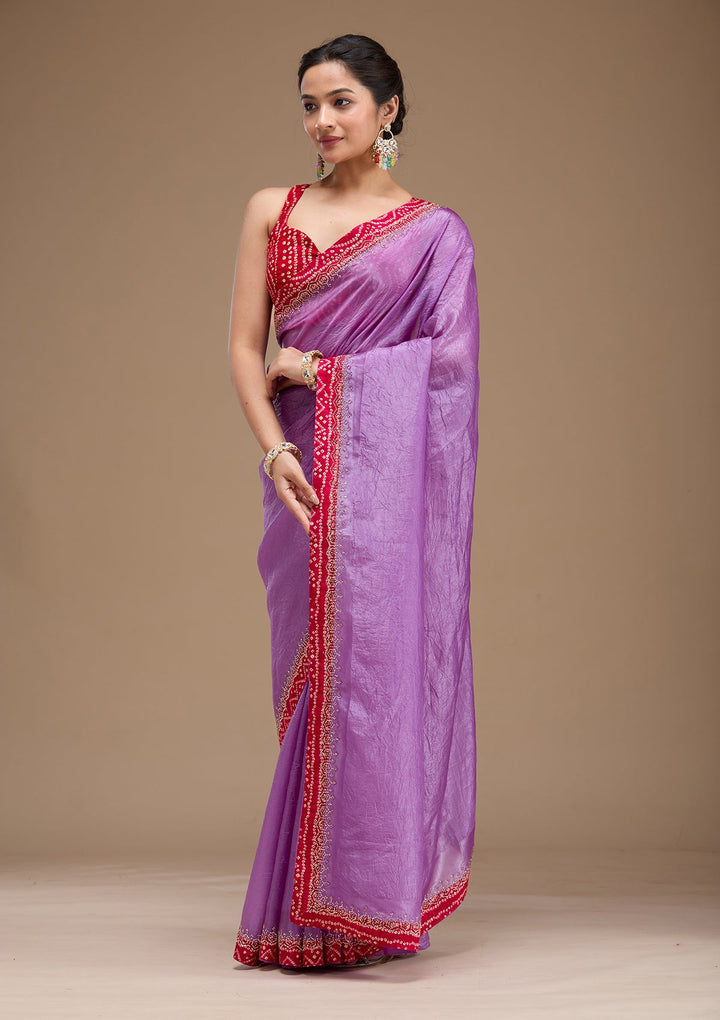 Lavender Printed Satin Saree-koskii
