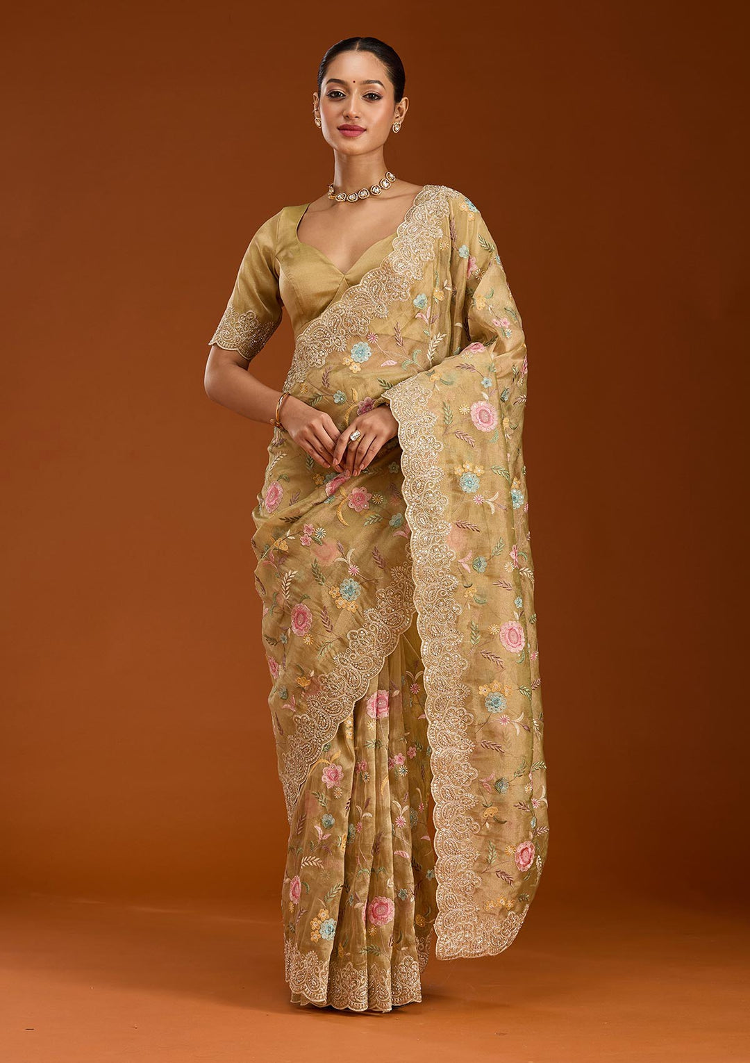 Mehendi Cording Tissue Saree-Koskii