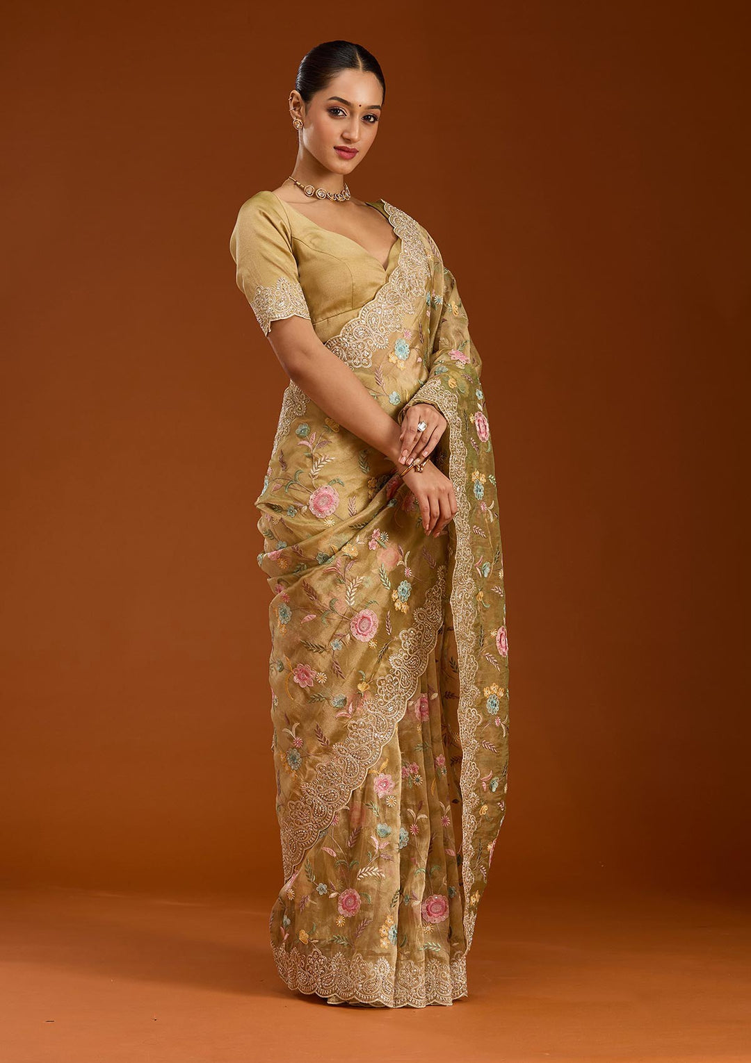 Mehendi Cording Tissue Saree-Koskii