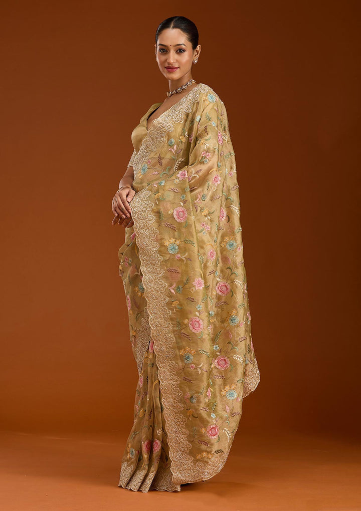 Mehendi Cording Tissue Saree-Koskii
