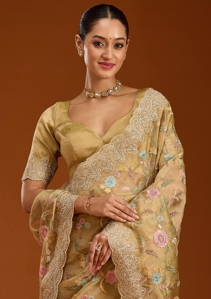 Mehendi Cording Tissue Saree-Koskii