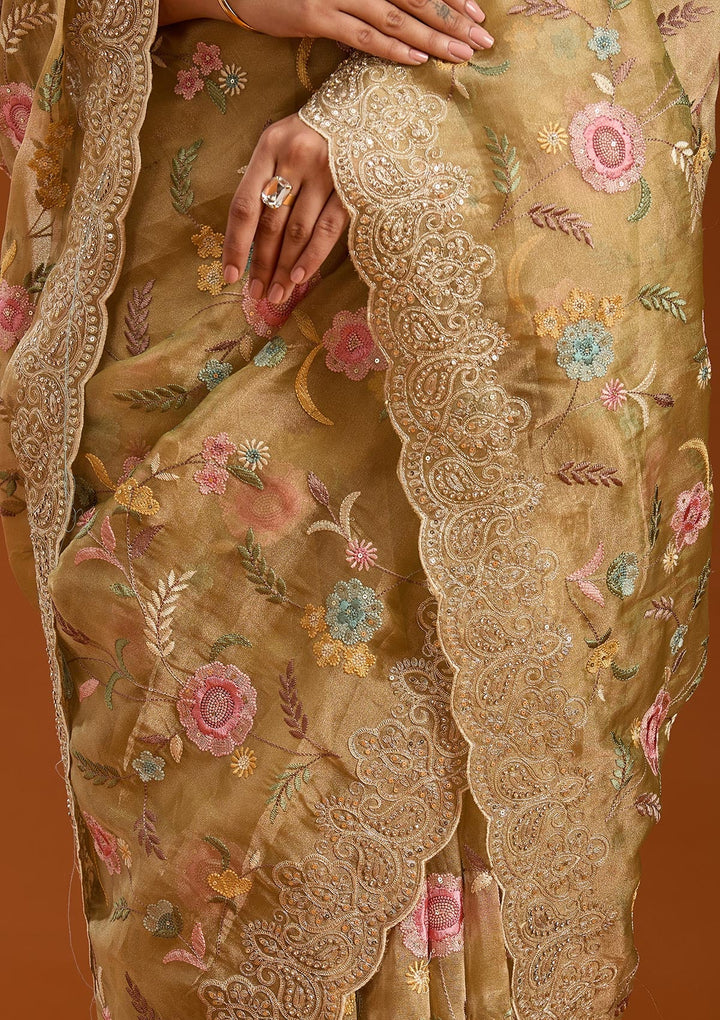 Mehendi Cording Tissue Saree-Koskii
