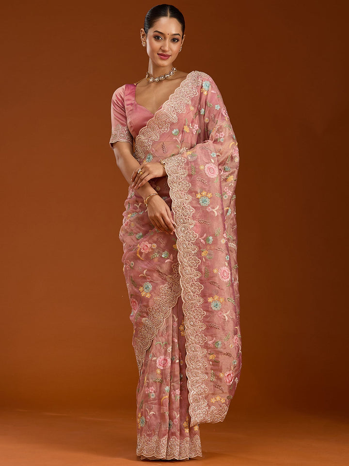 Onion Pink Cording Tissue Saree-Koskii