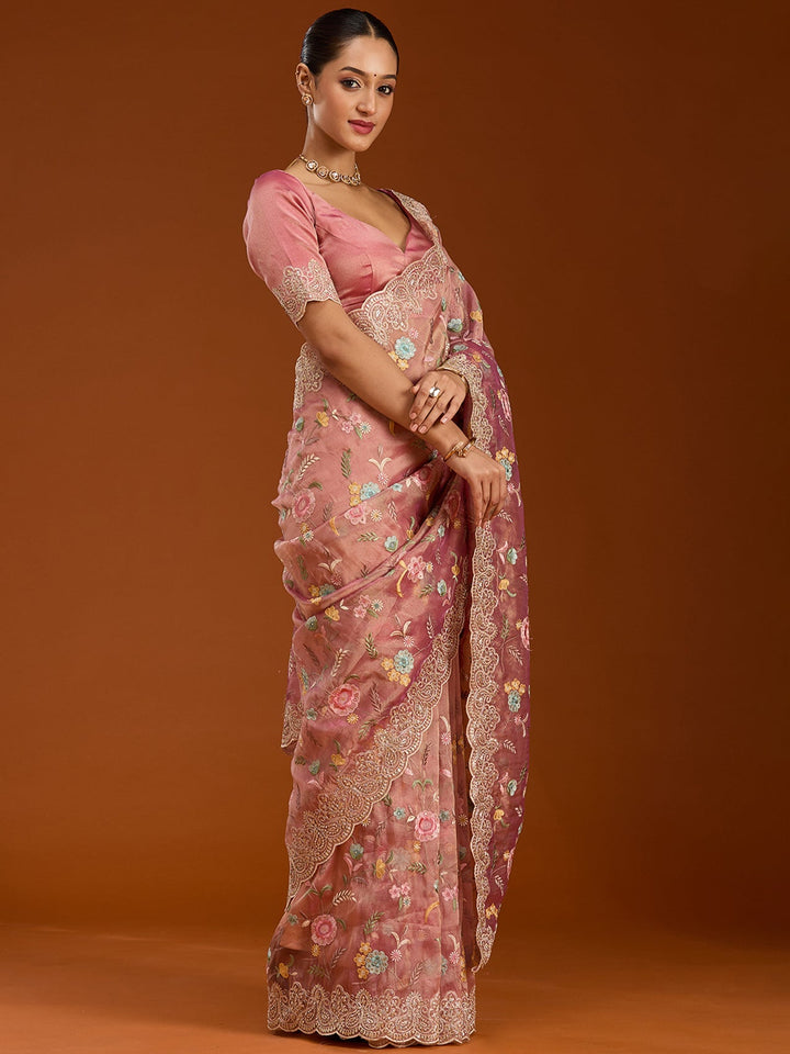 Onion Pink Cording Tissue Saree-Koskii