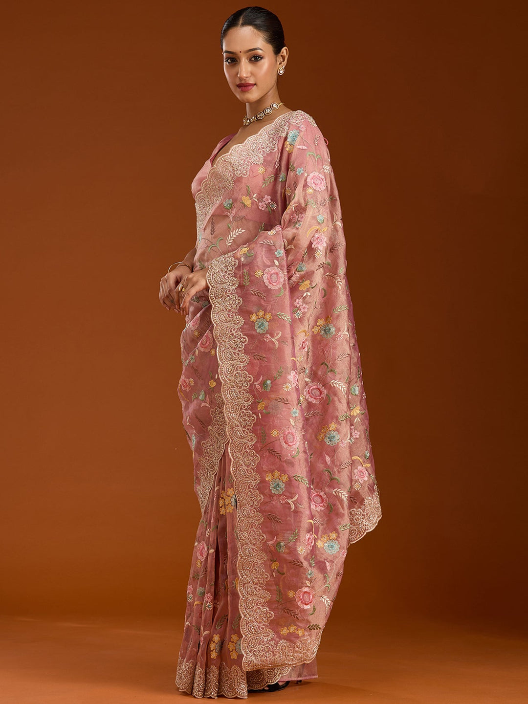 Onion Pink Cording Tissue Saree-Koskii