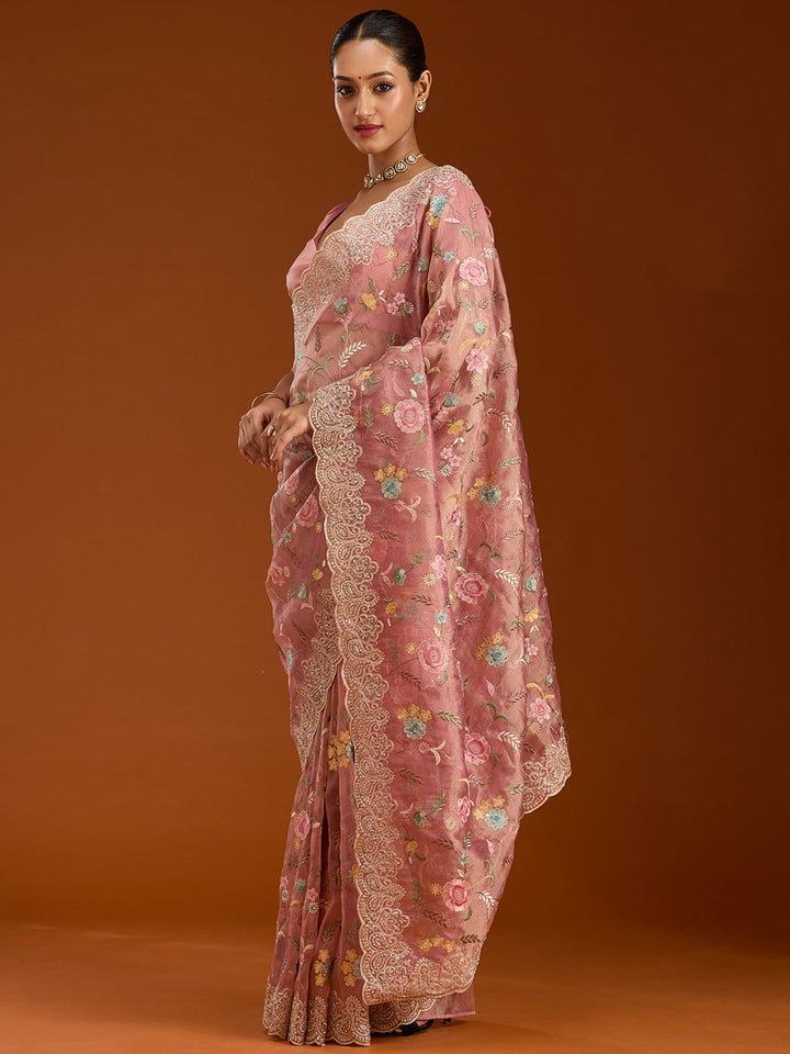 Onion Pink Cording Tissue Saree-Koskii