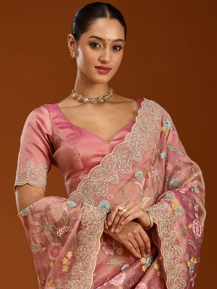 Onion Pink Cording Tissue Saree-Koskii