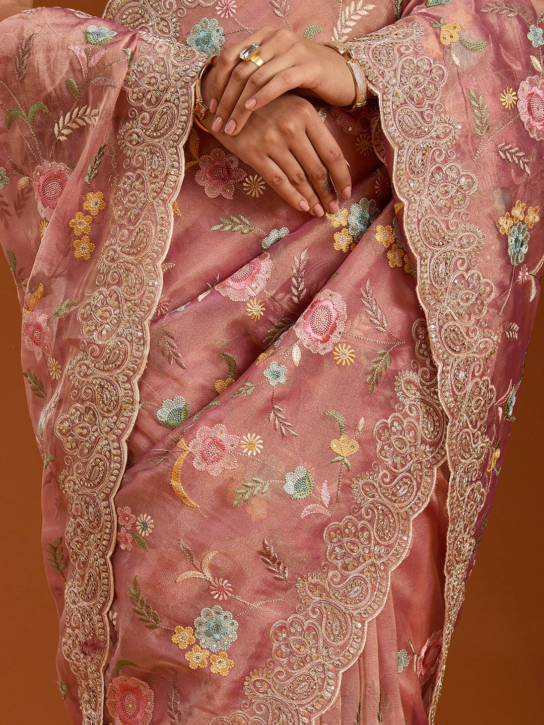 Onion Pink Cording Tissue Saree-Koskii