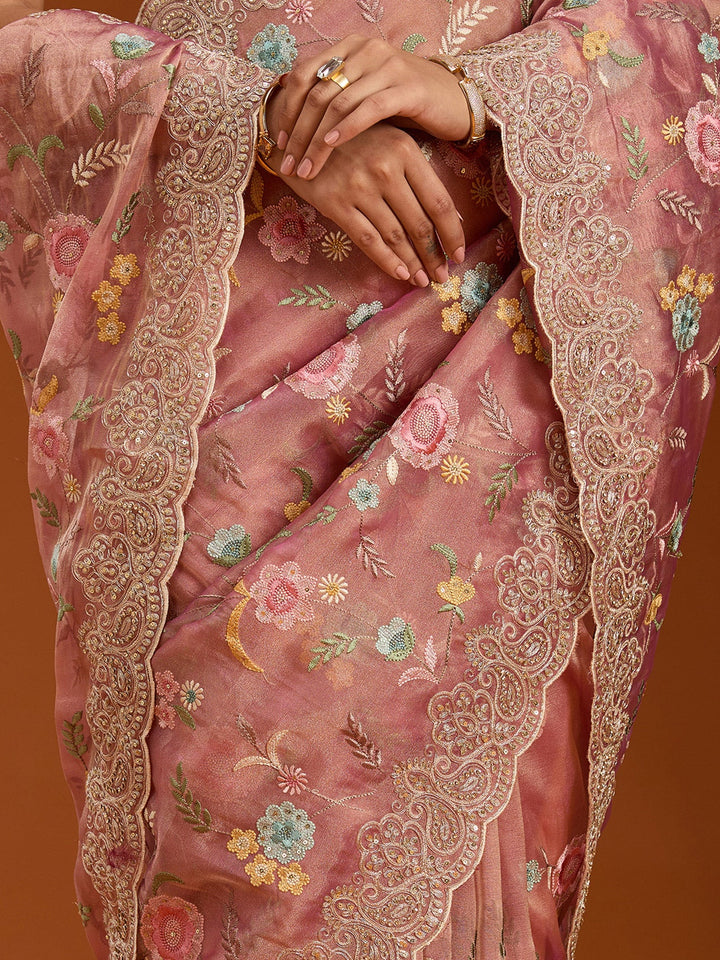 Onion Pink Cording Tissue Saree-Koskii