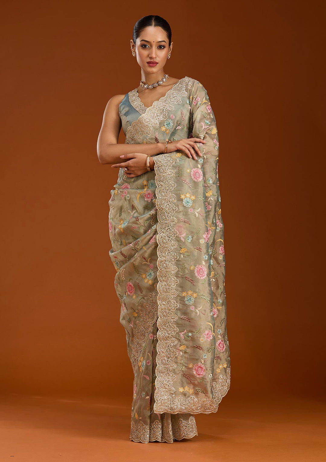 Sky Blue Cording Tissue Saree-Koskii