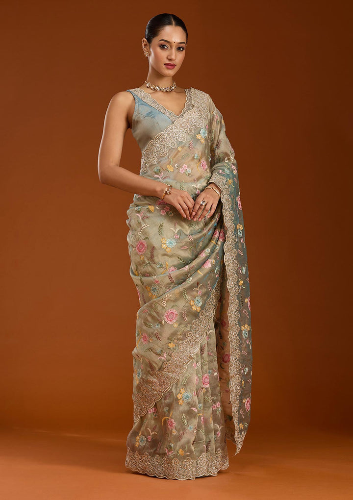 Sky Blue Cording Tissue Saree-Koskii