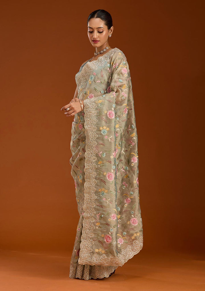 Sky Blue Cording Tissue Saree-Koskii