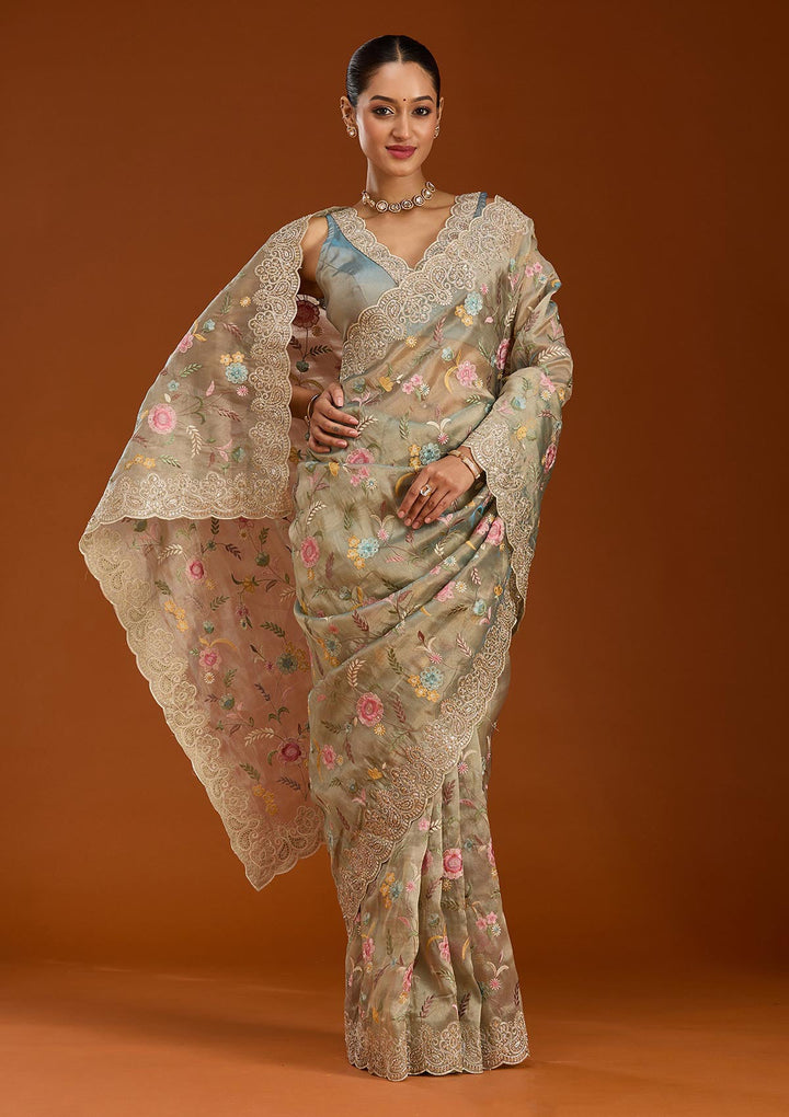 Sky Blue Cording Tissue Saree-Koskii
