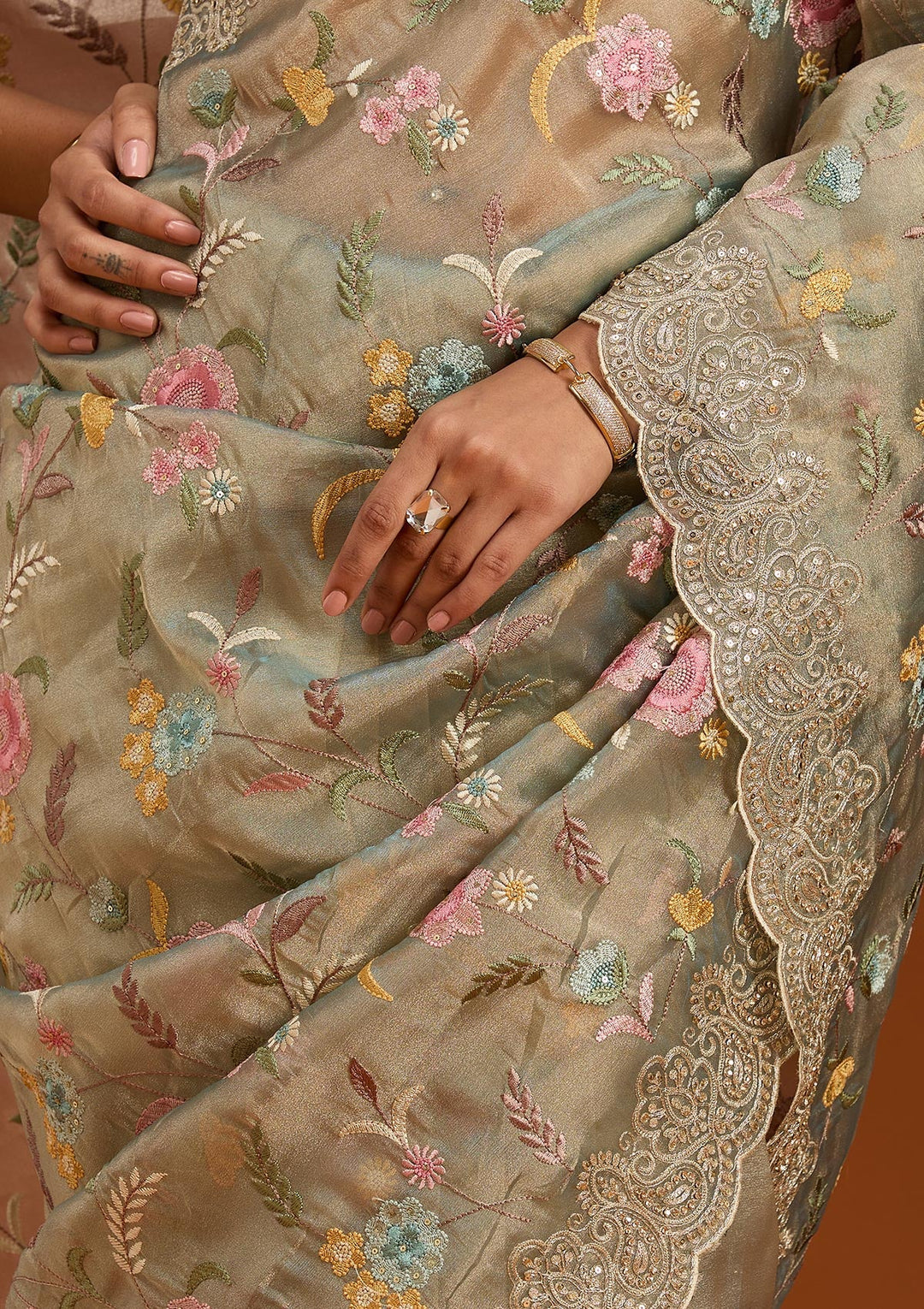 Sky Blue Cording Tissue Saree-Koskii