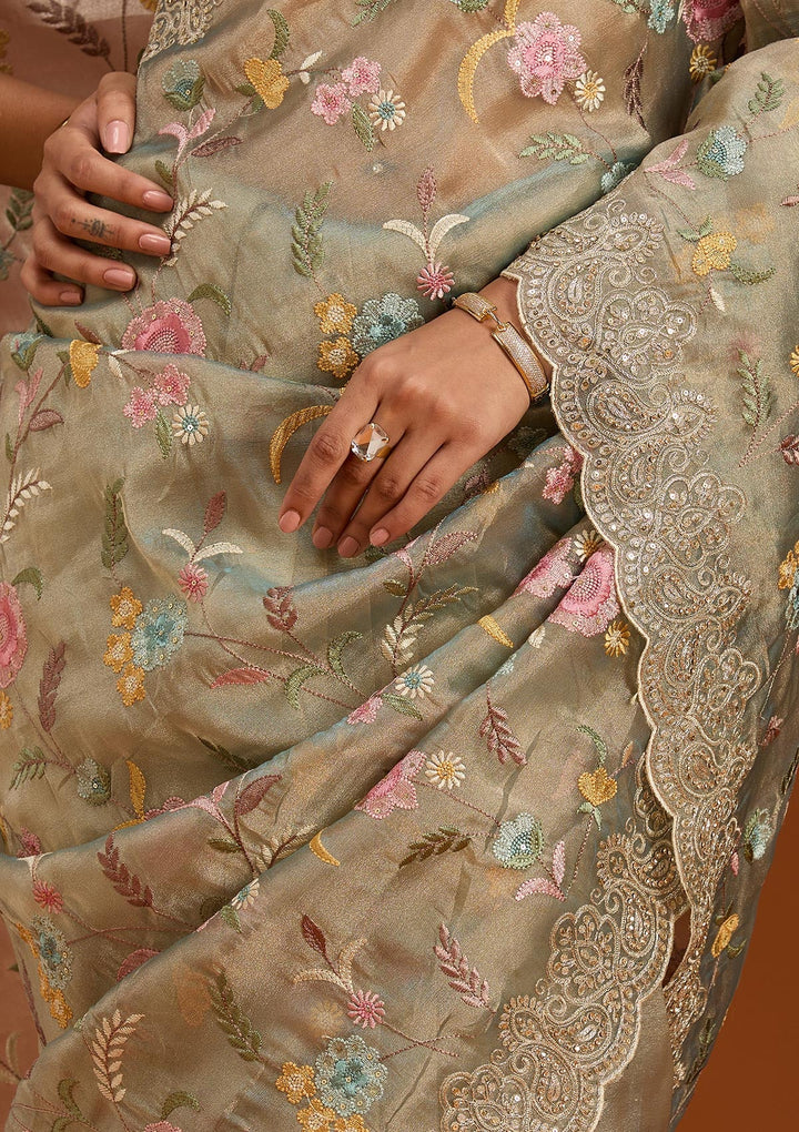 Sky Blue Cording Tissue Saree-Koskii
